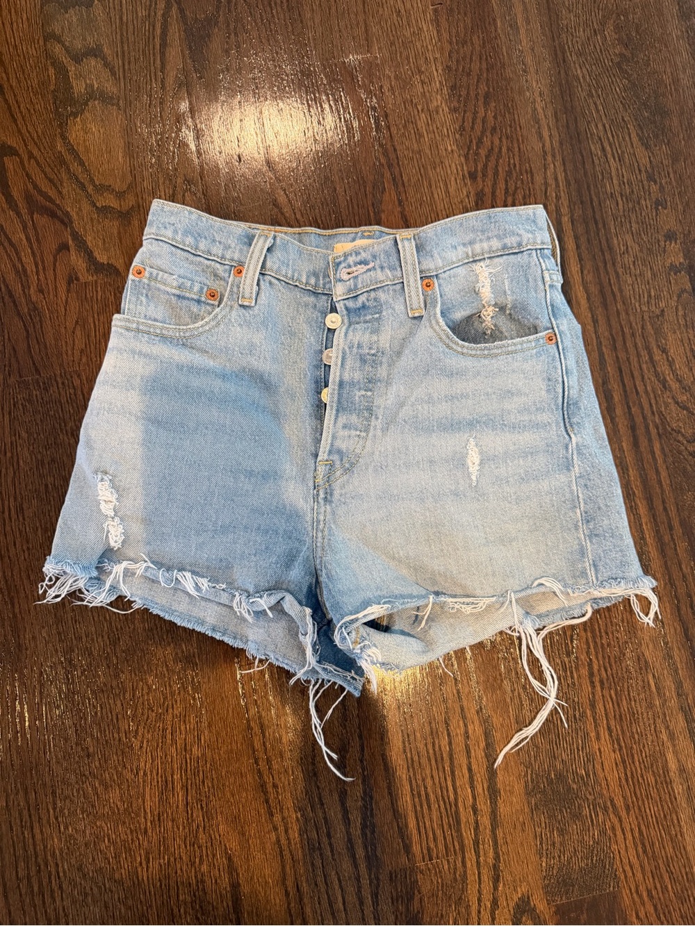 Levi's Light Blue Distressed Button-Fly RibCage Denim Shorts 26